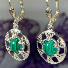 Load image into Gallery viewer, Trinity Knot Earrings, Celtic Knot Jewelry, Irish Dangle Earrings, Mom Gift, Scottish Jewelry, Graduation Gift, Malachite Jewelry, Wife Gift