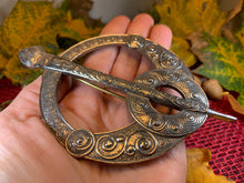 Load image into Gallery viewer, Celtic Penannular Brooch, Large Celtic Pin, Viking Jewelry, Norse Jewelry, Wiccan Jewelry, Anniversary Gift, Kilt Pin, Pewter Tartan Pin