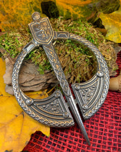 Load image into Gallery viewer, Lion Penannular Brooch, Large Celtic Pin, Scottish Lion Pin, Norse Jewelry, Wiccan Jewelry, Anniversary Gift, Kilt Pin, Pewter Tartan Pin