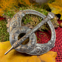 Load image into Gallery viewer, Celtic Penannular Brooch, Large Celtic Pin, Viking Jewelry, Norse Jewelry, Wiccan Jewelry, Anniversary Gift, Kilt Pin, Pewter Tartan Pin