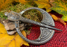 Load image into Gallery viewer, Lion Penannular Brooch, Large Celtic Pin, Scottish Lion Pin, Norse Jewelry, Wiccan Jewelry, Anniversary Gift, Kilt Pin, Pewter Tartan Pin