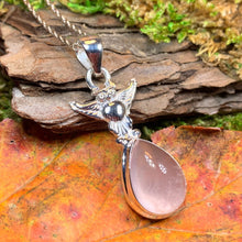 Load image into Gallery viewer, Owl Necklace, Owl Gift, Bird Pendant, Nature Jewelry, Forest Jewelry, Rose Quartz Pendant, Mystical Jewelry, Gift for Her, Mom Gift