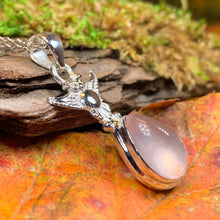 Load image into Gallery viewer, Owl Necklace, Owl Gift, Bird Pendant, Nature Jewelry, Forest Jewelry, Rose Quartz Pendant, Mystical Jewelry, Gift for Her, Mom Gift