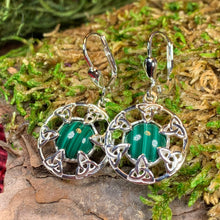 Load image into Gallery viewer, Trinity Knot Earrings, Celtic Knot Jewelry, Irish Dangle Earrings, Mom Gift, Scottish Jewelry, Graduation Gift, Malachite Jewelry, Wife Gift