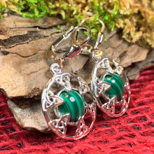 Load image into Gallery viewer, Trinity Knot Earrings, Celtic Knot Jewelry, Irish Dangle Earrings, Mom Gift, Scottish Jewelry, Graduation Gift, Malachite Jewelry, Wife Gift
