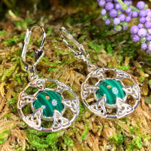 Load image into Gallery viewer, Trinity Knot Earrings, Celtic Knot Jewelry, Irish Dangle Earrings, Mom Gift, Scottish Jewelry, Graduation Gift, Malachite Jewelry, Wife Gift