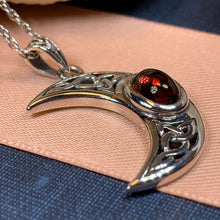 Load image into Gallery viewer, Moon Necklace, Celtic Jewelry, Celestial Jewelry, Wiccan Jewelry, Garnet Pendant, Crescent Moon Pendant, Irish Jewelry, Anniversary Gift