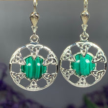 Load image into Gallery viewer, Trinity Knot Earrings, Celtic Knot Jewelry, Irish Dangle Earrings, Mom Gift, Scottish Jewelry, Graduation Gift, Malachite Jewelry, Wife Gift