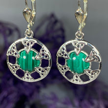 Load image into Gallery viewer, Trinity Knot Earrings, Celtic Knot Jewelry, Irish Dangle Earrings, Mom Gift, Scottish Jewelry, Graduation Gift, Malachite Jewelry, Wife Gift