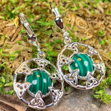 Load image into Gallery viewer, Trinity Knot Earrings, Celtic Knot Jewelry, Irish Dangle Earrings, Mom Gift, Scottish Jewelry, Graduation Gift, Malachite Jewelry, Wife Gift