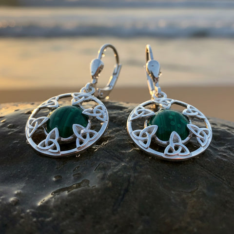 Load image into Gallery viewer, Trinity Knot Earrings, Celtic Knot Jewelry, Irish Dangle Earrings, Mom Gift, Scottish Jewelry, Graduation Gift, Malachite Jewelry, Wife Gift