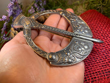 Load image into Gallery viewer, Thistle Penannular Brooch, Large Celtic Pin, Scottish Pin, Norse Jewelry, Wiccan Jewelry, Anniversary Gift, Kilt Pin, Pewter Tartan Pin