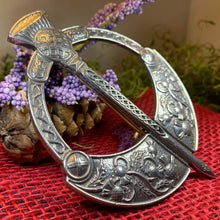 Load image into Gallery viewer, Thistle Penannular Brooch, Large Celtic Pin, Scottish Pin, Norse Jewelry, Wiccan Jewelry, Anniversary Gift, Kilt Pin, Pewter Tartan Pin