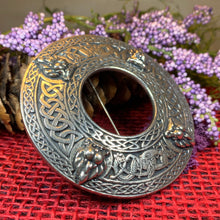 Load image into Gallery viewer, Lion Brooch, Large Celtic Pin, Scottish Lion Pin, Norse Jewelry, Wiccan Jewelry, Anniversary Gift, Kilt Pin, Pewter Tartan Pin, Lion Brooch