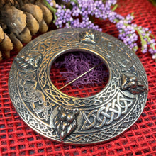 Load image into Gallery viewer, Lion Brooch, Large Celtic Pin, Scottish Lion Pin, Norse Jewelry, Wiccan Jewelry, Anniversary Gift, Kilt Pin, Pewter Tartan Pin, Lion Brooch