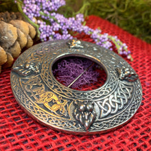 Load image into Gallery viewer, Lion Brooch, Large Celtic Pin, Scottish Lion Pin, Norse Jewelry, Wiccan Jewelry, Anniversary Gift, Kilt Pin, Pewter Tartan Pin, Lion Brooch