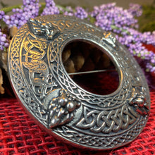 Load image into Gallery viewer, Lion Brooch, Large Celtic Pin, Scottish Lion Pin, Norse Jewelry, Wiccan Jewelry, Anniversary Gift, Kilt Pin, Pewter Tartan Pin, Lion Brooch