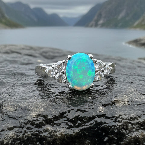 Load image into Gallery viewer, Opal Celtic Ring, Celtic Ring, Opal Engagement Ring, Blue Opal Ring, Anniversary Gift, Cocktail Ring, Birthstone Ring, Wife Gift, Mom Gift