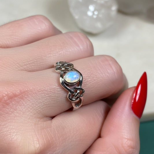 Celtic Knot Ring, Moonstone Ring, Promise Ring, Irish Jewelry, Celtic Ring, Anniversary Gift, Wiccan Jewelry, Boho Ring, Cocktail Ring
