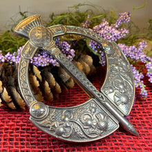 Load image into Gallery viewer, Thistle Penannular Brooch, Large Celtic Pin, Scottish Pin, Norse Jewelry, Wiccan Jewelry, Anniversary Gift, Kilt Pin, Pewter Tartan Pin