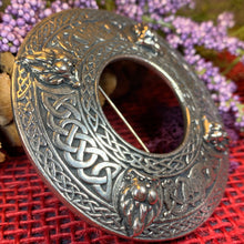 Load image into Gallery viewer, Lion Brooch, Large Celtic Pin, Scottish Lion Pin, Norse Jewelry, Wiccan Jewelry, Anniversary Gift, Kilt Pin, Pewter Tartan Pin, Lion Brooch