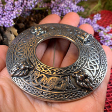 Load image into Gallery viewer, Lion Brooch, Large Celtic Pin, Scottish Lion Pin, Norse Jewelry, Wiccan Jewelry, Anniversary Gift, Kilt Pin, Pewter Tartan Pin, Lion Brooch