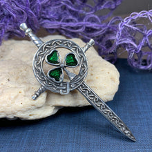 Load image into Gallery viewer, Shamrock Sword Kilt Pin, Celtic Jewelry, Irish Kilt Pin, Ireland Gift, Clover Jewelry, Fireman, Police, Ireland Brooch, Shamrock Brooch