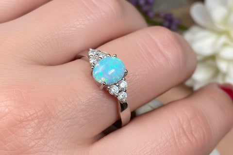 Load image into Gallery viewer, Opal Celtic Ring, Celtic Ring, Opal Engagement Ring, Blue Opal Ring, Anniversary Gift, Cocktail Ring, Birthstone Ring, Wife Gift, Mom Gift