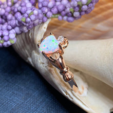 Load image into Gallery viewer, Claddagh Ring, Celtic Jewelry, Irish Promise Ring, Opal Ring, Ireland Ring, Heart Jewelry, Anniversary Gift, Bridal Jewelry, Rose Gold Ring
