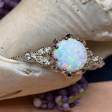 Load image into Gallery viewer, Opal Celtic Ring, Celtic Ring, Opal Engagement Ring, Diamond Promise Ring, Anniversary Gift, Cocktail Ring, Birthstone Ring, Wife Gift