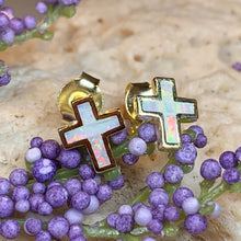 Load image into Gallery viewer, Cross Earrings, Opal Jewelry, Stud Earrings, First Communion Gift, Bridal Post Earrings, Confirmation Gift, Religious Gift, Cross Jewelry