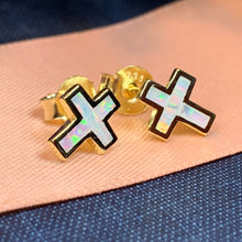 Load image into Gallery viewer, Cross Earrings, Opal Jewelry, Stud Earrings, First Communion Gift, Bridal Post Earrings, Confirmation Gift, Religious Gift, Cross Jewelry