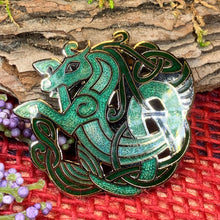 Load image into Gallery viewer, Celtic Horse Brooch, Horse Jewelry, Celtic Pin, Epona Pin, Ireland Gift, Celtic Brooch, Enamel Jewelry Gift, Celtic Pin, Pagan Brooch
