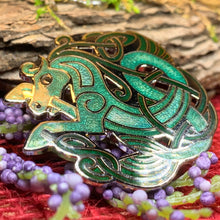 Load image into Gallery viewer, Celtic Horse Brooch, Horse Jewelry, Celtic Pin, Epona Pin, Ireland Gift, Celtic Brooch, Enamel Jewelry Gift, Celtic Pin, Pagan Brooch
