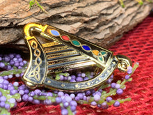 Load image into Gallery viewer, Celtic Harp Brooch, Harp Jewelry, Celtic Brooch, Scarf Pin, Coat Pin, Enamel Jewelry, Irish Jewelry, Ireland Pin, Shamrock Jewelry, Mom Gift
