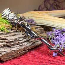 Load image into Gallery viewer, Thistle Kilt Pin, Celtic Jewelry, Scotland Jewelry, Celtic Pin, Thistle Jewelry, Groom Gift, Best Man Gift, Bagpiper Gift, Dad Gift