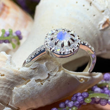 Load image into Gallery viewer, Moonstone Ring, Promise Ring, Moonstone Engagement Ring, Anniversary Gift, Diamond Halo Ring, Boho Ring, Mom Gift, Wife Gift, Cocktail Ring