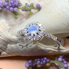 Load image into Gallery viewer, Moonstone Ring, Promise Ring, Moonstone Engagement Ring, Anniversary Gift, Diamond Halo Ring, Boho Ring, Mom Gift, Wife Gift, Cocktail Ring