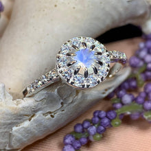 Load image into Gallery viewer, Moonstone Ring, Promise Ring, Moonstone Engagement Ring, Anniversary Gift, Diamond Halo Ring, Boho Ring, Mom Gift, Wife Gift, Cocktail Ring
