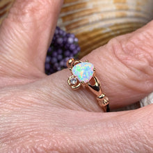 Load image into Gallery viewer, Claddagh Ring, Celtic Jewelry, Irish Promise Ring, Opal Ring, Ireland Ring, Heart Jewelry, Anniversary Gift, Bridal Jewelry, Rose Gold Ring