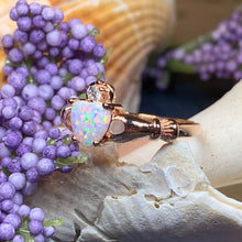 Load image into Gallery viewer, Claddagh Ring, Celtic Jewelry, Irish Promise Ring, Opal Ring, Ireland Ring, Heart Jewelry, Anniversary Gift, Bridal Jewelry, Rose Gold Ring