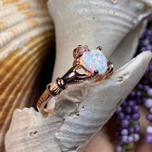 Load image into Gallery viewer, Claddagh Ring, Celtic Jewelry, Irish Promise Ring, Opal Ring, Ireland Ring, Heart Jewelry, Anniversary Gift, Bridal Jewelry, Rose Gold Ring