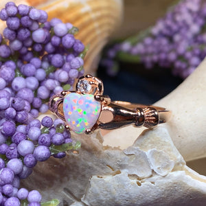 Claddagh Ring, Celtic Jewelry, Irish Promise Ring, Opal Ring, Ireland Ring, Heart Jewelry, Anniversary Gift, Bridal Jewelry, Rose Gold Ring