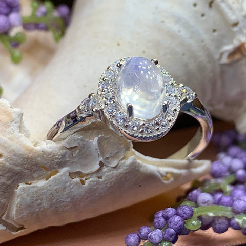 Load image into Gallery viewer, Moonstone Ring, Promise Ring, Moonstone Engagement Ring, Anniversary Gift, Halo Ring, Boho Ring, Mom Gift, Wife Gift, Cocktail Ring