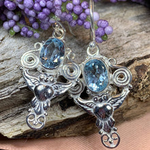 Load image into Gallery viewer, Owl Earrings, Celtic Jewelry, Blue Topaz Earrings, Wiccan Jewelry, Teacher Gift, Bird Jewelry, Anniversary Gift, Owl Gift, Pagan Jewelry