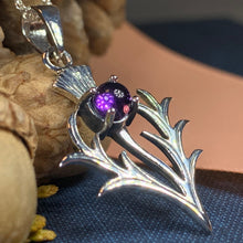 Load image into Gallery viewer, Thistle Necklace, Outlander Jewelry, Scotland Jewelry, Celtic Jewelry, Sister Gift, Mom Gift, Wife Gift, Anniversary Gift, Amethyst Pendant