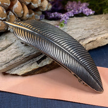 Load image into Gallery viewer, Feather Hair Clip, Celtic Barrette, Bird Jewelry, Pagan Jewelry, Friendship Gift, Wiccan Jewelry, Pewter barrette, Nature Barrette, Mom Gift