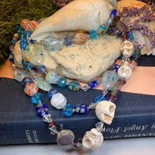Load image into Gallery viewer, Long Beaded Necklace, Hand Knotted Necklace, Skull jewelry, Boho Necklace, Yoga Jewelry, Art Deco Necklace, Millefiori Bead Necklace