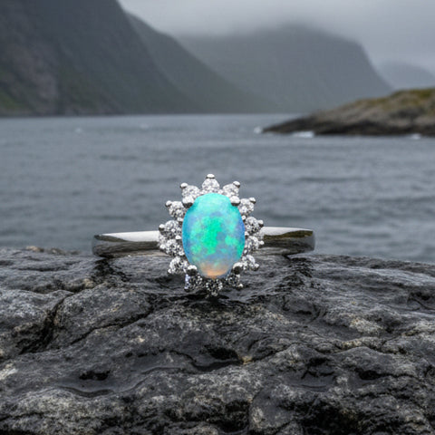Load image into Gallery viewer, Opal Celtic Ring, Celtic Ring, Opal Engagement Ring, Blue Opal Ring, Anniversary Gift, Cocktail Ring, Birthstone Ring, Wife Gift, Mom Gift
