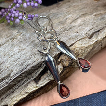Load image into Gallery viewer, Goddess Earrings, Moon Jewelry, Goddess Jewelry, Celtic Jewelry, Garnet Jewelry, Anniversary Gift, Irish Gift, Silver Drop Earrings